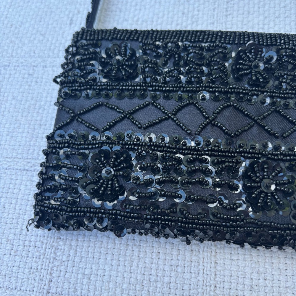 90's Y2K Black Beaded Sequin Embellished Mini Small Going Out Shoulder Bag - Picture 2 of 7